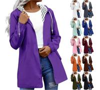 AMDOLE Waterproof Jacket Women Womens Long Coat Oversized Solid Color Windproof Hiking Raincoat Walking Work Windbreaker Sport Jacket Full-Zip Outerwear Clothing With Pockets Dark Purple M