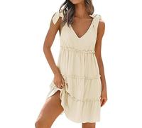 AMDOLE Wedding Guest Dresses for Women Mini Dress 2024 Tie Shoulder Tiered Ruffle A Line Short Sundresses Pretty Casual Dresses for Women (Beige, L)