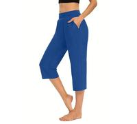 AMDOLE Wide Leg Trousers for Women UK Capri Trousers Ladies Soft 3/4 Length Cropped Pants High Waist Stretch Bottoms Summer Golf Joggers Leggings with Pockets Elegant Trouser Office Business Blue XXL