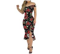 AMDOLE Women Doll Dress Cold Slit Fashion Floral Dress Dress Hem Loose Women Plain Shoulder Ruffle Print Women's Dress Two Sided Dress Red