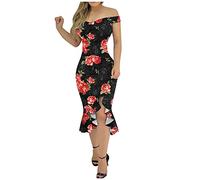 AMDOLE Women Doll Dress Cold Slit Fashion Floral Dress Dress Hem Loose Women Plain Shoulder Ruffle Print Women's Dress Two Sided Dress Hot Pink