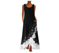 AMDOLE Women Dresses Below The Knee Sleeveless Neck Print Dress Round Long Shirt Beach Dress Maxi Women Women's Dress Women Dresses Knee Length Pink