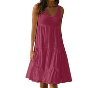 AMDOLE Women Dresses Summer Women's Long High Waist Tied Solid Color Round Neck Dress Dress Pockets Cotton Wine