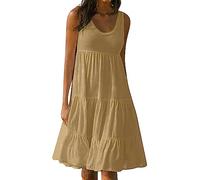 AMDOLE Women Dresses Summer Women's Long High Waist Tied Solid Color Round Neck Dress Dress Pockets Cotton Khaki