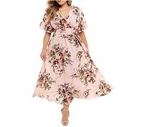 AMDOLE Women Wrap around Dress Size Casual Plus V Neck Sleeve Short Dress Printed Fashion Floral Women Plus Size Dress Dresses plus Size Long Pink