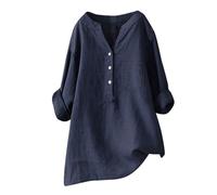 AMDOLE Women's Blouses & Shirts Cotton Linen Button Down Blouses 3/4 Sleeve Long Blouse Solid Colour Loose Fit Lightweight Plus Size Tunic Tops Boho Ladies Clothes Navy L