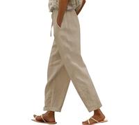 AMDOLE Women's Cotton and Linen Trousers UK Elasticated Capri Pant Loose Casual Pants Straight Leg Ladies Loose Fit Side Nine Point Pants Bottoms Lounge Beach Pant with Pockets Khaki 4XL