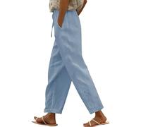 AMDOLE Women's Cotton and Linen Trousers UK Elasticated Capri Pant Loose Casual Pants Straight Leg Ladies Loose Fit Side Nine Point Pants Bottoms Lounge Beach Pant with Pockets Sky Blue 3XL