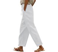 AMDOLE Women's Cotton and Linen Trousers UK Elasticated Capri Pant Loose Casual Pants Straight Leg Ladies Loose Fit Side Nine Point Pants Bottoms Lounge Beach Pant with Pockets White XXL