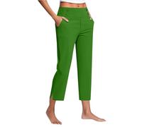 AMDOLE Women's Cropped Trousers UK Ladies High Waisted Capri Pants Staight Leg Bottoms Plain Stretch Leggings Summer Chinos Joggers with Pockets Elegant Work Trouser Holiday Business Workwear Green M