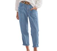 AMDOLE Women's Cropped Trousers Women's Stretch High Waisted Straight Wide Leg Trousers with Breasted Cotton Loose Casual Pants with Pockets Womens Summer Holiday Capri Trouser Blue-2 L
