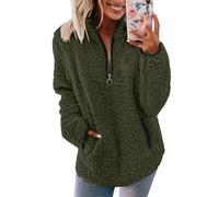 AMDOLE Womens Fleece Jumper Fluffy Pullover Teddy Fleece Sweatshirts Casual Top Fuzzy 1/4 Zip Up Long Sleeve Stand Collar Cozy Coat Tops with Pockets Green M