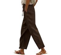 AMDOLE Womens Linen Trousers Elasticated Waist Solid Color Cropped Trouser Ladies Summer Lounge Pants Plain Loose Fit Capri Pant Casual Straight Leg Bottoms with Pockets 1-Brown L