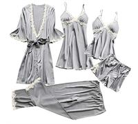 AMDOLE Women's Pajama Set Shorts Sleepwear 5PC Lingerie Dress Suit Women Sexy Lace Nightwear Underwear Silk Pajamas Shorts