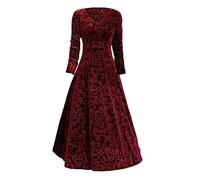 AMDOLE Women's Red Floral Chiffon, Velvet Fit & Flare Midi Dress - V-Neck, Empire Waist, 3/4 Sleeve, Low Back, Strapless - Christmas - Adult Women - Size XL