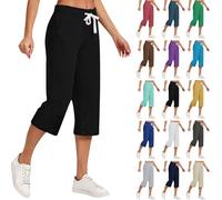 AMDOLE Women's Summer Cotton Linen Pants Capri 3/4 Length Lounge Trousers Stretch Pull On Joggers Elasticated Waist Bohemian Clothes Cropped Cotton Linen Oversized Casual Loose Shorts b-Black 3XL