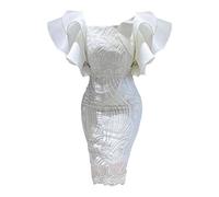 AMDOLE Womens Summer Dresses Casual Ladies Summer Embroidery Lace Decoration One Shoulder Ruffle Overlapping Sleeves High Waist Waist Pack Hip Bodycon Dress Swing Dresses White