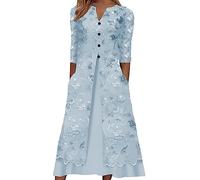 AMDOLE Womens Sundress Maxi Women's Fashion Floral Print Pocket V Neck Midi Sleeve Casual Dresses Sleeveless Straight Dresses Blue