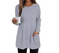 AMDOLE Womens Tops Long Sleeve Tunics Top for Women Casual Solid Color Oversized Long Jumper Crew Neck Sweatshirt with Pockets Knit Sweaters Long Tops to Wear with Leggings Light Ashy 4XL