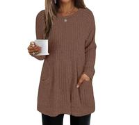 AMDOLE Womens Tops Long Sleeve Tunics Top for Women Casual Solid Color Oversized Long Jumper Crew Neck Sweatshirt with Pockets Knit Sweaters Long Tops to Wear with Leggings Coffee M