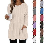 AMDOLE Womens Tops Long Sleeve Tunics Top for Women Casual Solid Color Oversized Long Jumper Crew Neck Sweatshirt with Pockets Knit Sweaters Long Tops to Wear with Leggings Beige XXL