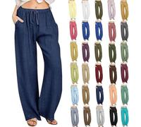 AMDOLE Womens Trousers Summer Casual Linen Trousers Drawstring Elastic Waist Long Pants Women Straight Wide Leg Lounge Pants High Waisted Palazzo Loose Fit Ladies Bottoms Navy S