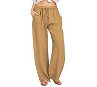 AMDOLE Womens Trousers Summer Casual Linen Trousers Drawstring Elastic Waist Long Pants Women Straight Wide Leg Lounge Pants High Waisted Palazzo Loose Fit Ladies Bottoms Yellow M