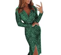 AMDOLE Womens Wrap Dress Plus Size Ladies' Solid Stamping Long Sleeve V Neck Sparkling Dress Dinner Sexy Dress 1 Homecoming Outfit (Green, S)