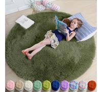 Amdrebio Olive Green Round Rug 4Ft for Bedroom Living Room, Fluffy Shaggy Modern Circle Area Rugs for Kids Room, Soft Plush Fuzzy Shag Carpet for Dorm Playroom Office Nursery Classroom, Home Decor