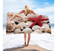 AMDXD Bath Towel 100 x 180 cm, Printed with Shells Starfish Beads Pattern Beach Towel Microfibre Beach Towel Travel Towel Suitable for Camping, Gym, Beach, Red White Khaki