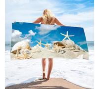 AMDXD Beach Towel 80 x 160 cm, Printed with Blue Sky Beach Starfish and Shells Pattern Beach Towel Microfibre Outdoor Hammam Towel Perfect for Sports Outdoor Blue White Beige