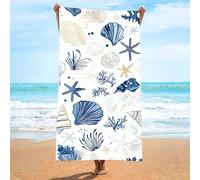 AMDXD Beach Towels 70 x 140 cm, Printed with Starfish Shells and Coral Pattern Beach Towel Microfibre Beach Towel for Fitness, Travel, Beach, Swimming, Yoga, White Blue