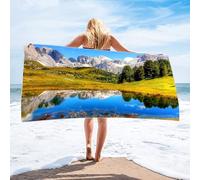 AMDXD Beach Towels 80 x 160 cm, Mountain Lakes and Tree Beach Towel Microfibre Beach Towel for Fitness, Travel, Beach, Swimming, Yoga, Blue Green White