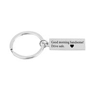 AmDxD Keychain Cute, Stainless Steel Rectangular Engraving 'Good Morning Handsome!Drive Safe, Silver, 3.2 x 1 cm 32 x 10 mm