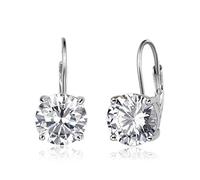 AMDXD Leverback Earrings, Oriental Silver Wedding Earrings, Women's Square Round Cubic Zirconia 8 mm x 8 mm, Gift for Birthday with Gift Bag and Box, Crystal, Cubic Zirconia