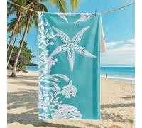 AMDXD Yoga Towel 70 x 140 cm, Printed with Starfish Coral and Shells Pattern Beach Towel Microfibre Beach Blanket Shower Towel Perfect for Travel Sports Hiking Outdoor Blue Green White