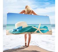 AMDXD Yoga Towel 80 x 160 cm, Printed with Beach Hat Towel and Starfish Pattern Beach Towel Microfibre Outdoor Beach Towel Spatula for Fitness, Travel, Beach, Swimming, Yoga, Blue White