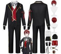 ame Character Riddle Rosehearts Cosplay Costume Outfit Twisted Wonderland Role Play JK Uniform Full Set Halloween Party Carnival Dress Up Suit with Wig for Men (Black, M)