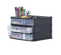 AMEAZY Medium 3 Drawer Storage Organiser, A4 Paper Desk Organiser Clear Front View Smooth Pull Out Shallow Drawer Space Saving Recycle Plastic Drawers for Office Stationery 37750 (2 Tower)