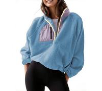 AMEBELLE Women’s Lightweight Fleece Pullover Jacket Cropped Fall Winter Fuzzy Sherpa Jacket Sweatshirt Coat with Pockets, Blue, M