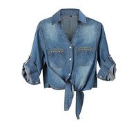 AMEBELLE Women's Roll Up 3/4 Sleeve Tie Front Knot Shirt Chambray Denim Crop Top, 03 Darkblue, L