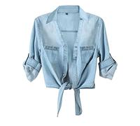 AMEBELLE Women's Roll Up 3/4 Sleeve Tie Front Knot Shirt Chambray Denim Crop Top, 03 Lightblue, S