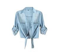 AMEBELLE Women's Roll Up 3/4 Sleeve Tie Front Knot Shirt Chambray Denim Crop Top, 03 Lightblue, XS