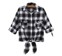 AMEBELLE Women's Roll Up 3/4 Sleeve Tie Front Knot Shirt Chambray Denim Crop Top - black - X-Large