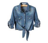 AMEBELLE Women's Roll Up 3/4 Sleeve Tie Front Knot Shirt Chambray Denim Crop Top - Blue - X-Small