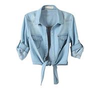 AMEBELLE Women's Roll Up 3/4 Sleeve Tie Front Knot Shirt Chambray Denim Crop Top, Lightblue, XS
