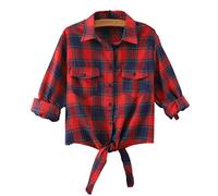 AMEBELLE Women's Roll Up 3/4 Sleeve Tie Front Knot Shirt Chambray Denim Crop Top - red - X-Small