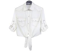 AMEBELLE Women's Roll Up 3/4 Sleeve Tie Front Knot Shirt Chambray Denim Crop Top, White, XXL