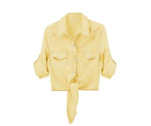 AMEBELLE Women's Roll Up 3/4 Sleeve Tie Front Knot Shirt Chambray Denim Crop Top, Yellow, M