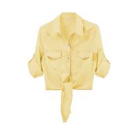 AMEBELLE Women's Roll Up 3/4 Sleeve Tie Front Knot Shirt Chambray Denim Crop Top, Yellow, XL